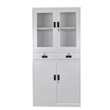 office glass door storage cabinet with drawers and shelves